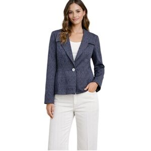 J. Jill Blue Silk Blend Geometric Cropped Blazer Size Medium Quiet Luxury